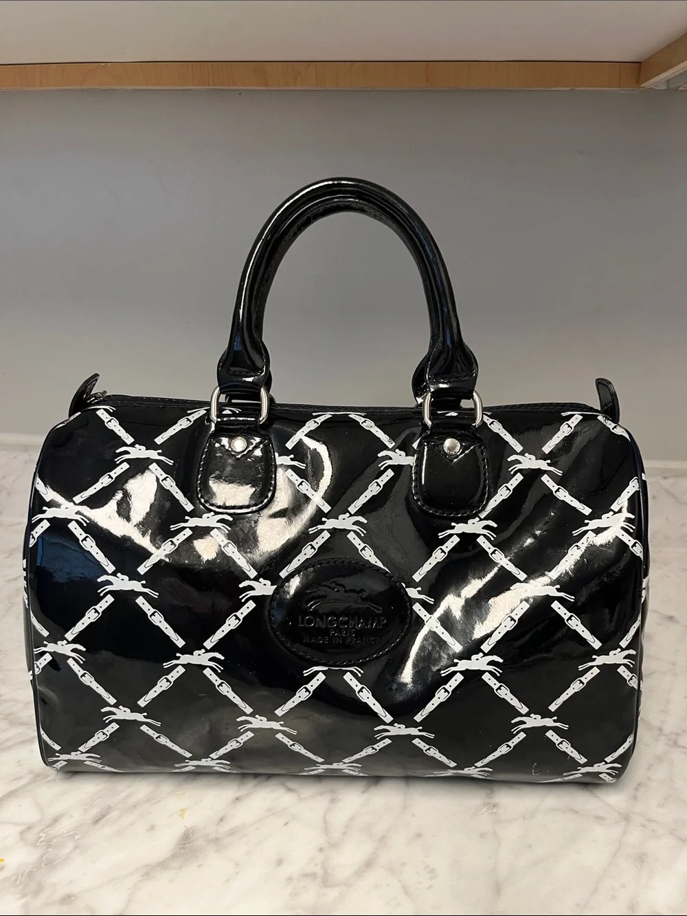 Longchamp Blue Patent Leather Satchel with White Chain-Link Pattern - Picture 1 of 9